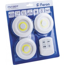 FN1207 1LED 3W Светодиодный светильник-кнопка (3шт в блистере+пульт) 180Lm, 90*22мм, белый 23378