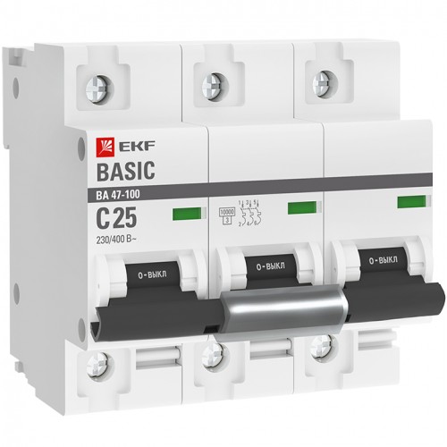 Автоматический выключатель 3P  25А (C) 10kA ВА 47-100 EKF Basic mcb47100-3-25C-bas