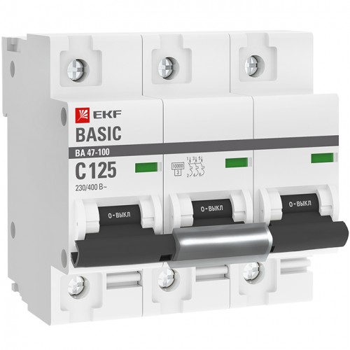 Автоматический выключатель 3P 125А (C) 10kA ВА 47-100 EKF Basic mcb47100-3-125C-bas