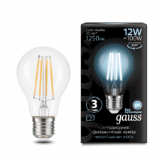 Лампа Gauss Filament А60 12W 1250lm 4100К Е27 LED 1/10/40 102902212
